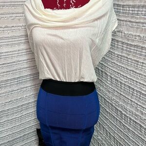 Bebe Cream & Cobalt Colorblock Cowl Neck Bodycon Dress | Size M | Sculpted Fit